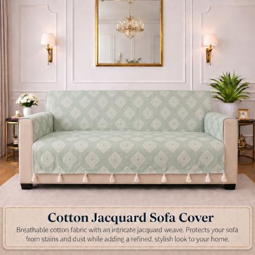 Image of STITCHNEST 'Verdant Rekhika Stories' 3 Seater Sofa Cover | Full Coverage with Armrest Pockets | Elegant Jacquard Fabric, Decorative Tassels, Washable & Durable for Modern Living