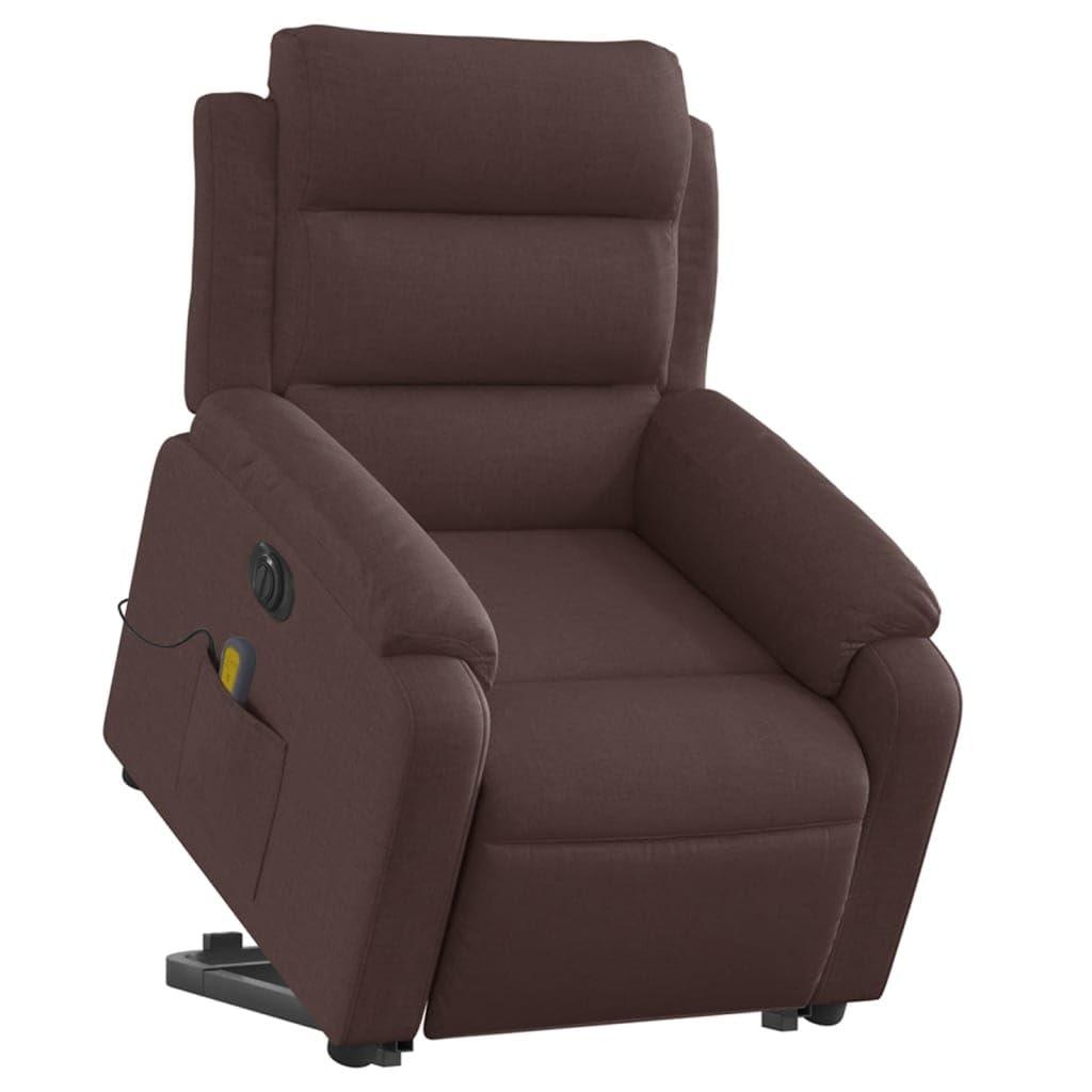 Sillón elevador eléctrico con masaje de 6 puntos y reclinación automática, tejido marrón oscuro, función elevación y vibración, estructura estable de madera