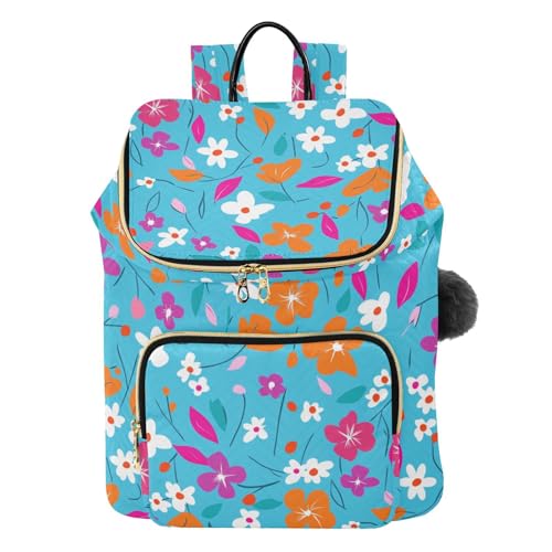 KLL Blue Background Colorful Flowers Women Backpack Fashion Waterproof Travel Bag Ladies Shoulder Bag for Daily Workout Trip