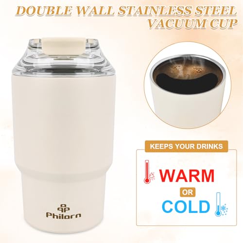 Philorn Thermobecher Kaffee to go, 14OZ/400ml mit Doppelwand, Wiederverwendbarer Kaffeebecher mit Deckel & Strohhalm, Weiß Coffee to go Becher für Heiße und Kalte Getränke 5