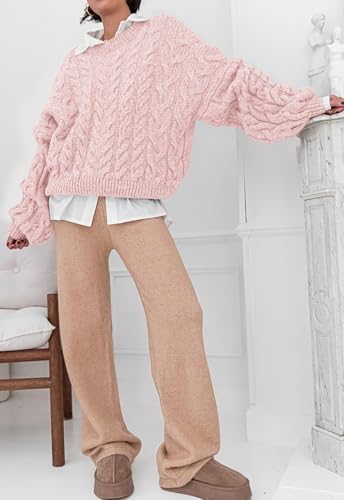 Image of PRETTYGARDEN Womens Sweaters Spring 2026 Cable Knit Long Sleeve Crewneck Oversized Sweater Chunky Pullover Loose Outfits