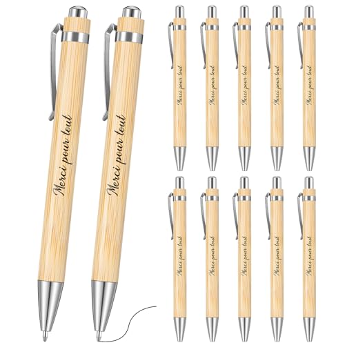 Clabby 10 Pièces Stylo à Bille Rétractable en Bois Gravé - Merci pour Tout - Cadeau de Remerciement pour Professeur, Collègue et Personnel