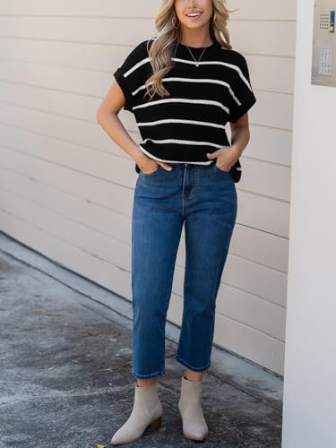 Image of CUPSHE Womens Knit Short Sleeve Sweater Striped Crew Neck Cap Sleeve Top Casual Pullover Tops