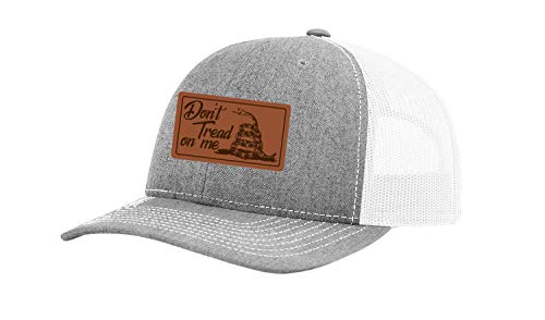 Heritage Pride Laser Engraved Leather Patch Don t Tread On Me Mesh Back Trucker Hat, Heather Grey White