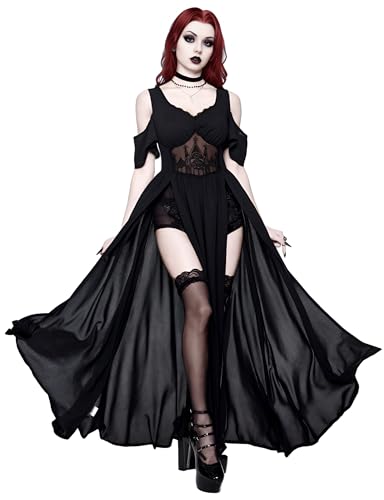 LANSHULAN Women Goth Embroidered Hollow Pattern Deep V-Neck Off Shoulder High Slit Halloween Dress