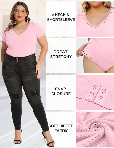 Image of COOTRY Plus Size Short Sleeve Bodysuits for Women V Neck Body Suit Tops Basic One Piece Bodysuit T Shirt