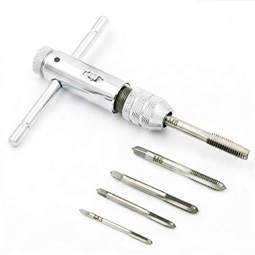 Votono Adjustable T-Handle Ratchet Tap Holder Wrench Tapping Threading Tool Set with 5pcs M3-M8 3mm-8mm Machine Screw Thread Metric Plug T-shaped Tap