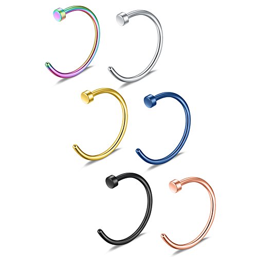 Ruifan 6pcs Mix Color Stainless Steel Body Jewelry Piercing Earrings Nose Hoop Ring Unisex 22 Gauge 8mm