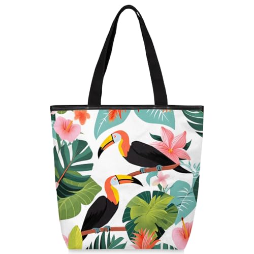 Hand Painted Parrots Leaves Canvas Tote Bag with Zipper and Pockets Canvas Tote Shopping Bag Women Reusable Grocery Bag for Beach Travel Gym Shopping