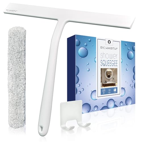 Image of 12 Inch Silicone Shower Squeegee for Glass Doors with Microfiber Cloth & Hook, Streak-Free Window Cleaner for Bathroom Mirror Tile Car, No-Scratch Squeegee with Rustproof Metal Core (White)