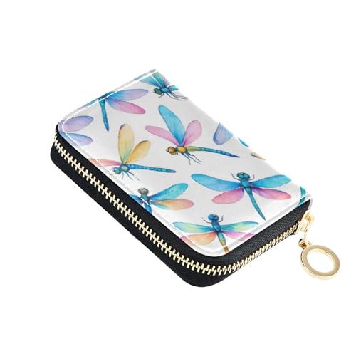 Watercolor Dragonflies Wings Women Wallet Leather RFID Blocking Credit Card Holders Small Coin Change Purse with Zipper