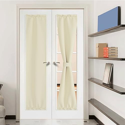 NICETOWN Insulated Door Blinds for Front Back Doors - Room Darkening Window Treatments Blackout Panels Solid Farmhouse Rod Pocket Front Drapes with Tieback, 12 by 72 inches, Light Beige, 1 P