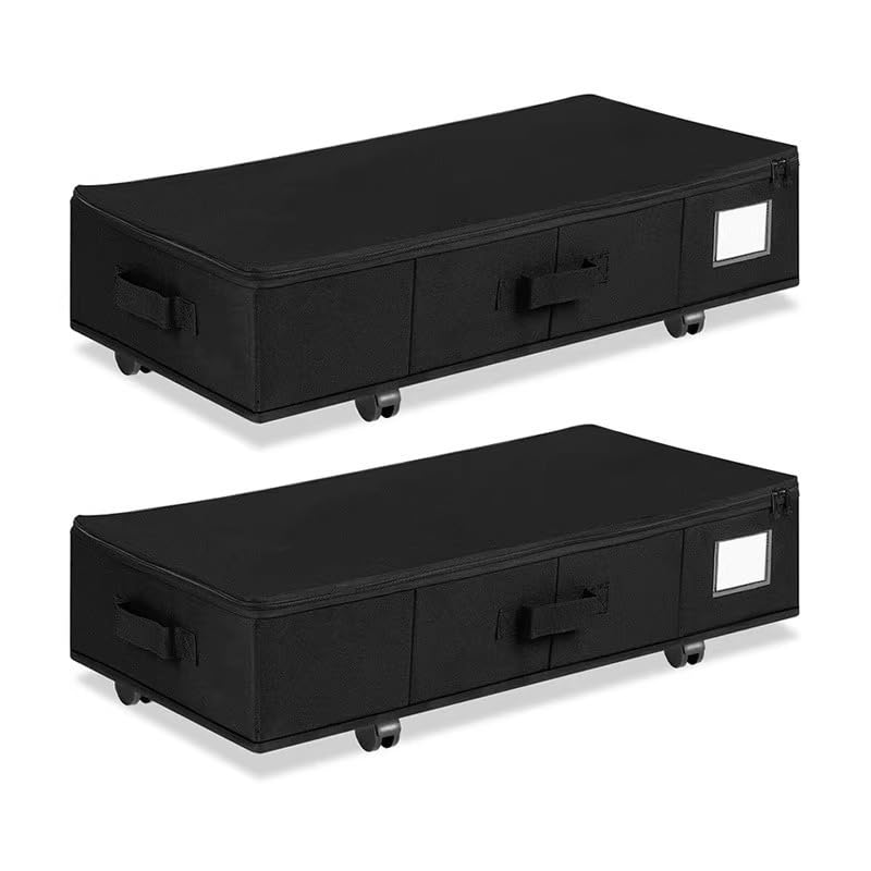 2X Comodino Sotto Letto con Ruote, 360° Rotazione, Contenitore Sotto Letto Pieghevole con Coperchio, Contenitore Ultra Spesso per Piumoni, Contenitore Sotto Letto Grande 600D Oxford per Vestiti (Nero