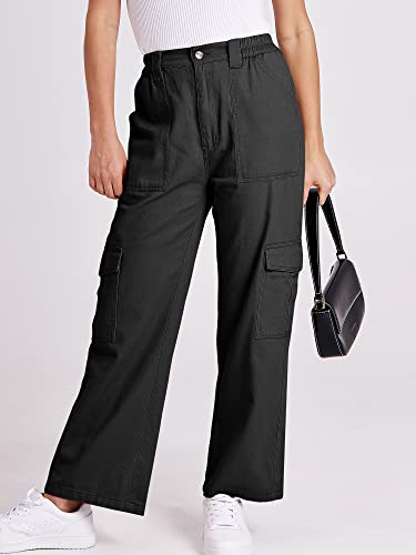 Anrabess Women's Cargo Pants High Waisted Baggy Multiple Pockets Casual Work Pants Trendy Fashion Relaxed Fit Trousers Y2K For Teen Girls 1017Dahei-S Black #TOP1