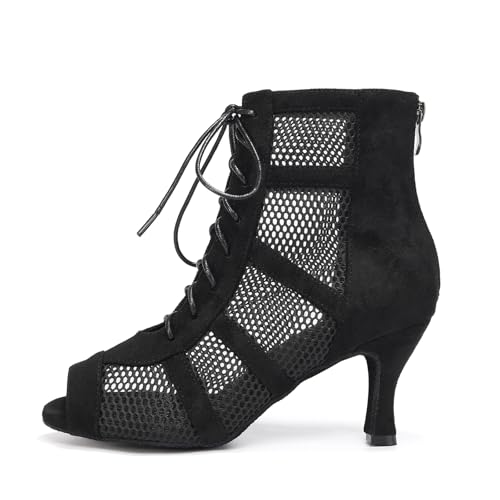 AOQUNFS Dance Heels for Women Mesh Ballroom Dance Booties Lace Up Dance Ankle Boots with Zipper