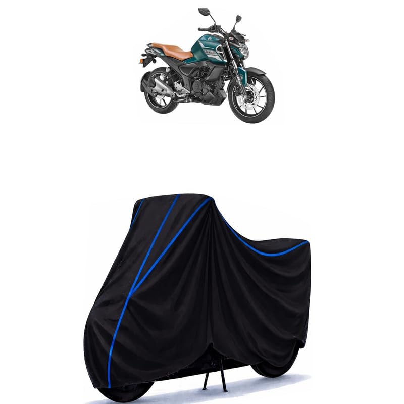 Image of FZ S FI New Bike Cover Water Resistant Universal Motorcycle Rain | Heavy Duty UV Protection, Dust, Scratch Indoor Outdoor All Weather with Black Blue Piping Elastic