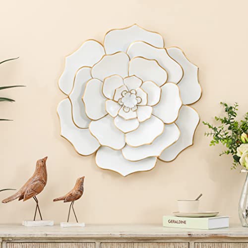 LuxenHome Metal Flowers Wall Art Decor, 24'' Large Farmhouse Wall Decor for Living Room, Bedroom, Bathroom, Patio, Kitchen, Office, Hall Way, Luxury 3D White Metal Wall Flower, Gold Flower Wall Decor
