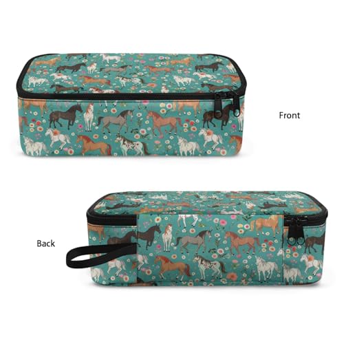 Image of Horse Floral Women Pencil Pouch Large Capacity,Girls Penci Bag for Children Lightweight Penci Pouch for Age 3-16 Kids Pencil Box with Mesh Pocket Box Pencil for Boys Teenagers