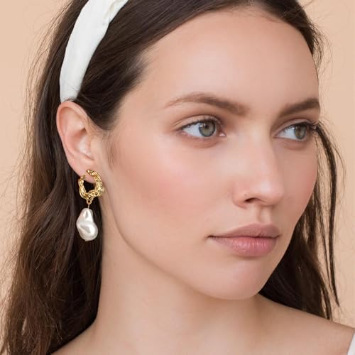 Yowivon Pearl Drop Earrings 14K Gold Plated Dangle Hypoallergenic Statement Earring Trendy Fashion Jewelry Gifts for Women Birthday Wedding4