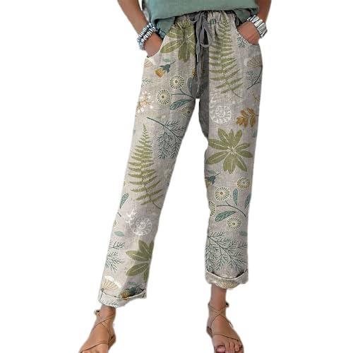Womens Summer Boho Floral Cotton Linen Pants Drawstring Elastic High Waist Casual Loose Trousers with Pockets