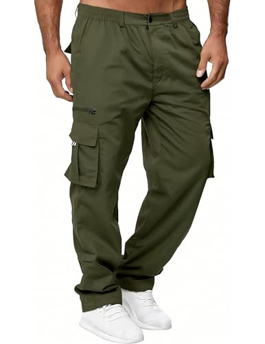 Volemo Herren Cargo Hose Baumwolle, Abriebfeste 6-Taschen Cargohose mit Elastischer Taille, Lange Freizeithose für Green L Volemo Herren Cargo Hose Baumwolle, Abriebfeste 6-Taschen Cargohose mit Elastischer Taille, Lange Freizeithose für Green L