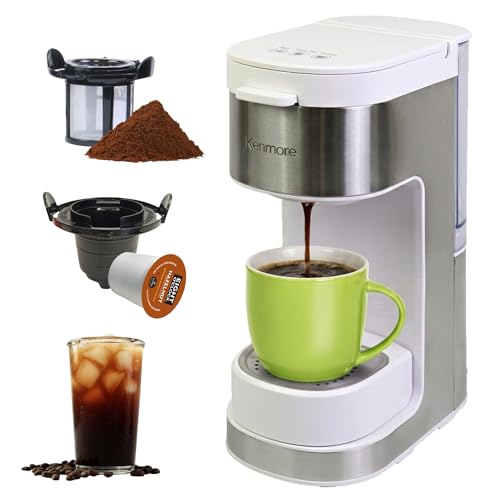Image of Kenmore Single Serve Coffee Maker - Compatible with Keurig K‑Cup Pods & Ground Coffee, One Cup Brewer, 6-12 Oz Brew Sizes, Travel Mug Friendly, Auto Shut‑Off, Hot & Iced Maquina de cafe, White