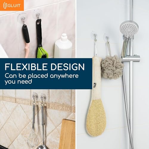 Image of GLUIT Adhesive Wall Hooks for Hanging Heavy Duty 22 lbs Hooks for Walls No Drill, Towel Sticky Clear Hook, Waterproof, Home, Bathroom, Kitchen, Office, and Outdoor