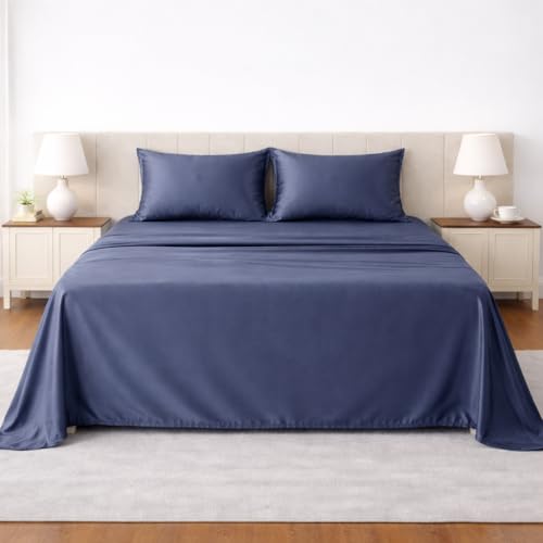 Image of LANE LINEN 100% Cotton Satin Fantasy Bedsheet Double Size - Estate Blue