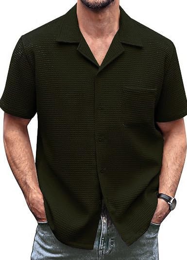 Image of Casual Waffle Knit Shirt for Men Stylish Half Sleeve Mens Shirts M to 3XL