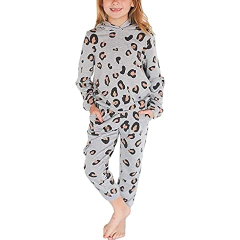Maxwinee Kids Grils 2Pcs Sweatsuit Set Leopard Tracksuit Outfits Long Sleeve Hoodie and Trousers Pocket Pjs Grey Cover