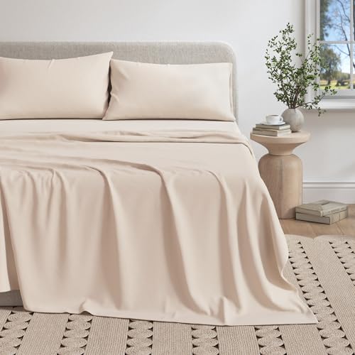 Image of Great Bay Home Cotton Jersey Knit Queen Sheet Set - Ultra-Soft, Stretchy, Heathered Melange Bed Sheets - Cozy, Soft T-Shirt Sheet & Pillowcase Set (Oatmeal)