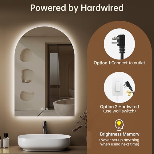 Image of Arched Backlit Mirror Bathroom 20 inchx30 inch- Frameless LED Bathroom Mirror with Lights, Fogless, Dimmable, 3 Color Changing, Shatterproof, Touch Sensor