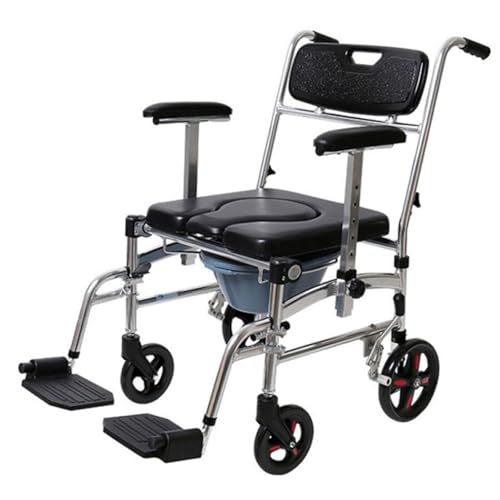 WGQJJEVQ 車いす 4イン1 パッド入り便座便座便器シャワーチェア ベッドサイド トイレチェア ブレーキ4本付き 取り外し可能なペダル 調節可能なアームレスト高齢者用