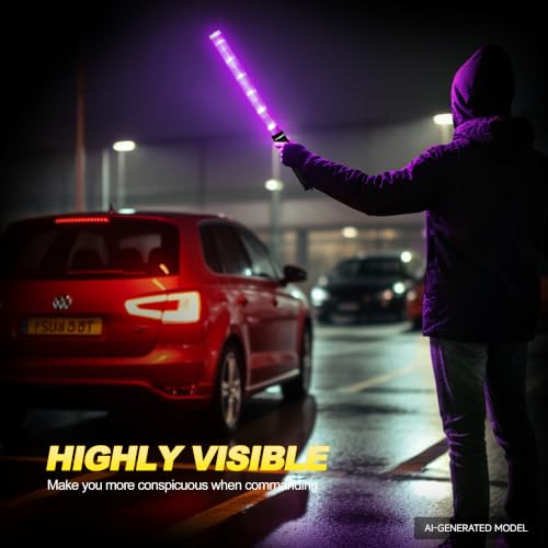 Image of E-riding 2 Pack Purple Traffic Wand, 21 Inch Traffic Control Wand with 3 Flashing Modes & Side Clip, LED Safety Baton for Traffic Control, Parking, Aircraft, Car Directing