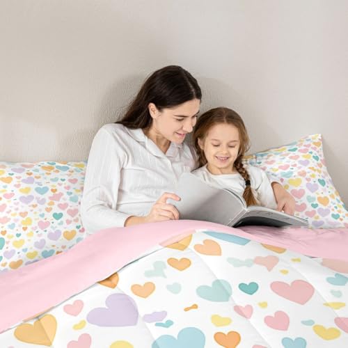 Image of Erosebridal Girls Heart Pattern King Bedding Set Rainbow Heart Comforter Set for Kids Teens Kawaii Valentine Theme Comforter Cartoon Geometric Quilt