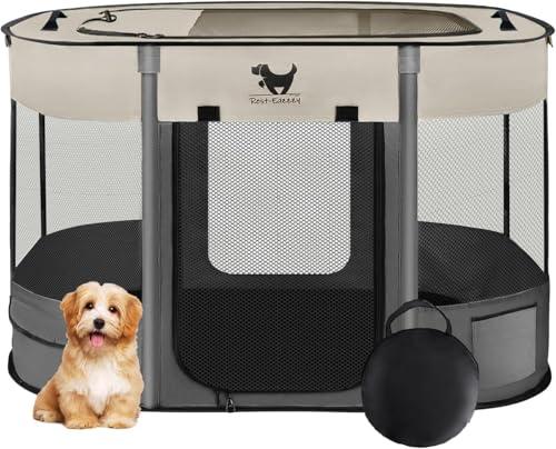 Rest-Eazzzy Dog Playpen, Foldable Kitten Playpen for Medium Dogs, Portable Pet Puppy Playpen with Removable Shade Cover, Indoor Outdoor Travel Camping Use for Small Pets with Carrying Case (S, Grey)