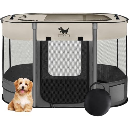 Rest-Eazzzy Dog Playpen, Foldable Kitten Playpen for Medium Dogs, Portable Pet Puppy Playpen with Removable Shade Cover, Indoor Outdoor Travel Camping Use for Small Pets with Carrying Case (