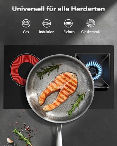 Abijan Edelstahlpfanne unbeschichtet 30cm, Titan Pfanne mit Deckel, 18/10 Edelstahl Bratpfanne Induktion für alle Herdarten geeignet, Spülmaschinen, Backofen bis zu 250°C, Schnelles Erhitzen