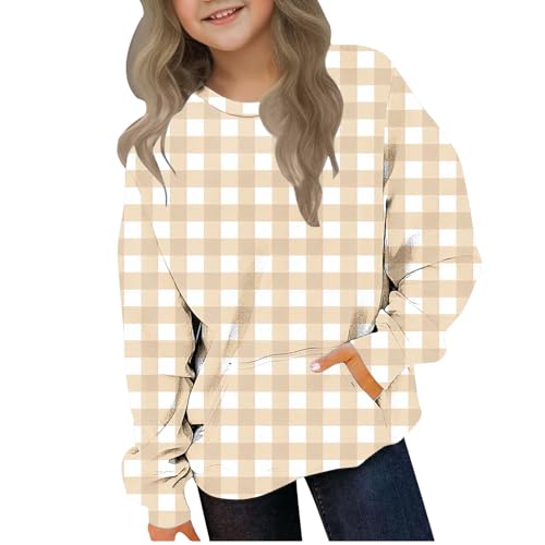 Gingham Print Sweatshirt for Girl Boy Crew Neck Long Sleeve Winter Shirt Casual Workout Cute Tops Fashion Outfits Khaki