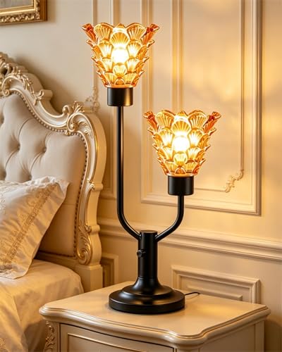 Image of Lightdot Mid Century Modern Table Lamp Dimmable Vintage Black Lamp Gift | Amber Glass Desk Lamp 2 Bulbs Included 3000K Warmwhite Ambient Nightstand Bedside Lamps for Bedroom Living Room Home Decor