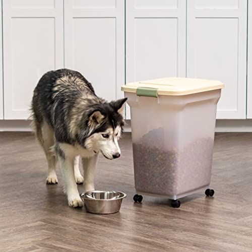 Iris Usa 42 Lbs / 55 Qt Weatherpro Airtight Pet Food Storage Container With Attachable Casters, For Dog Cat Bird And Other Pet Food Storage Bin, Keep Pests Out, Translucent Body, Almond/Clear #TOP2