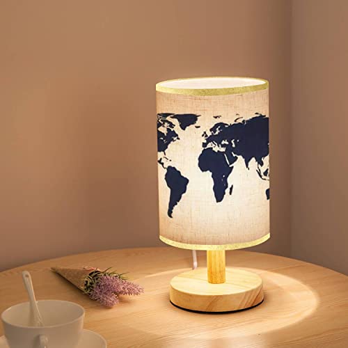 Lopyeijfg Minimalist Bedside Table Lamp World Map Wood Nightstand Lamp Bedside Desk Lamp Wood Base Flaxen Fabric Shade For Bedroom Living Room #TOP1