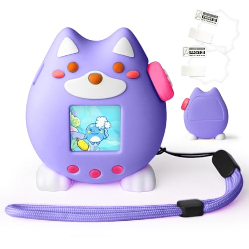 Silicone Case for Tamagotchi Paradise Accessories - 2Pcs Screen Protector with Soft Stand Up Cover Carrying Lanyard and Knob Cover for Tamagotchi Paradise Sleeve Toy (Purple)