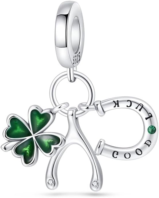 CYCUFF 925 Sterling Silver Charms Suitable for Bracelets Charms Beads, Charm Necklaces Jewellery Gift for Women Family Friends (Green Good Luck Horseshoe 3-Piece Charm Set)