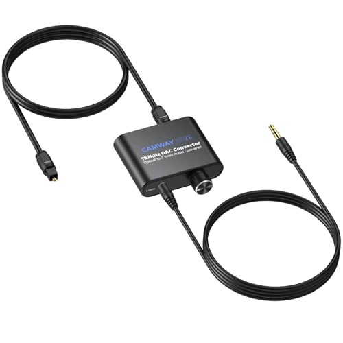 CAMWAY DA Wandler, 192KHz Digital zu Analog Audio Wandler, SPDIF Optisch zu 3,5mm Adapter mit 1M optischem Kabel+1M 3.5mm Audio Kable DAC Konverter mit Lautstärkeregler für TV DVD Blu-ray Xbox PS3 PS4