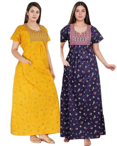 Image of Bresdk Women's Cotton Embroidered Jaipuri Nighty Gown - Pack of 2 Rajasthani Print Maxi Night Dress with Pocket - Soft & Comfortable Ladies Sleepwear & Loungewear
