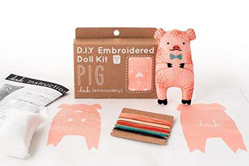 Image of Kiriki Press DIY Embroidery Doll Kit - Skill Level 1 - Beginner to Advanced Embroidery Kits for Adults Teens (3 Skill Levels) Animal Embroidery Kit - Screen Printed Pattern (Pig - Level 1)