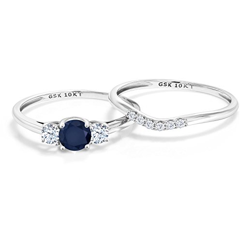 Gem Stone King 10K White Gold Sapphire & White Created Sapphire and Lab Grown Diamond 3-Stone Bridal Engagement Wedding Ring Set For Women | 0.93 Cttw | September Birthstone | Round 5MM4