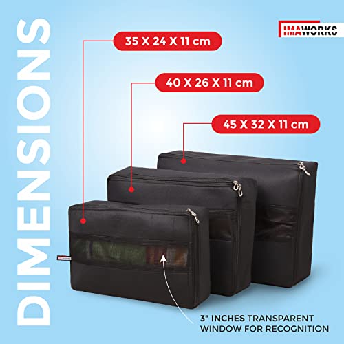 Image of IMAWORKS 4 Set Travel Organizer Pouch Packing Cubes Luggage Organiser Set Clothes Space Savers Bags (2 Large, 1 Medium and 1 Small Cube) Black, Laminated Fabric