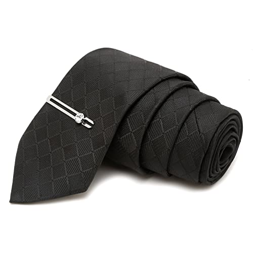 Image of LOUIS STITCH Mens Black Italian Silk Necktie Set Incl Pocket Square Chrome Tiepin American Style Formal Tie Gift Set for Men (TECPBL-#)